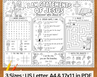 May include: A black and white printable activity sheet titled I AM STATEMENTS OF JESUS featuring a word search, a maze, tic-tac-toe, and matching games with illustrations of Jesus, a sheep, a cross, and a Bible, available in US Letter and 17x11 inches.