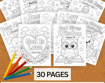 30 páginas para colorear con versículos bíblicos, hojas de actividades para la escuela dominical de niños cristianos, tarjetas con versículos bíblicos para imprimir para la escuela bíblica de verano, la escuela en casa, preescolares e iglesias.