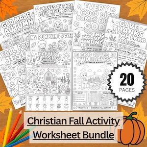 May include: A collection of 20 Christian autumn activity worksheets featuring black and white line art illustrations of children, pumpkins, harvest scenes, and religious text. The pages include word searches, mazes, and counting tasks.