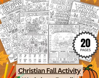 May include: A collection of 20 Christian fall activity worksheets featuring black and white line art illustrations of children, pumpkins, harvest scenes, and religious text. The pages include word searches, mazes, and counting tasks.