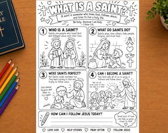 Puede incluir: Una hoja para colorear educativa en blanco y negro titulada What Is A Saint? que presenta cuatro paneles ilustrados que explican la santidad con texto, figuras religiosas y niños. La página incluye reflexiones y líneas para escribir.