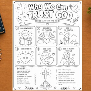 Può includere: Una pagina da colorare stampabile in bianco e nero intitolata Why We Can Trust God, che presenta sei pannelli illustrati con temi religiosi, un'attività di abbinamento ed elementi decorativi come una croce, una colomba e dei cuori.