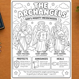 Puede incluir: Una página para colorear en blanco y negro titulada THE ARCHANGELS GOD'S MIGHTY MESSENGERS que muestra ilustraciones de San Miguel, San Gabriel y San Rafael con cuadros de texto descriptivos y una cita del Salmo 91:11 en la parte inferior.