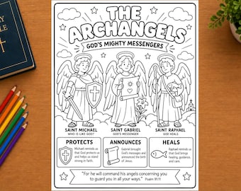 Archangels Coloring Page for Kids, Saint Michael Gabriel Raphael Catholic Feast Day Printable