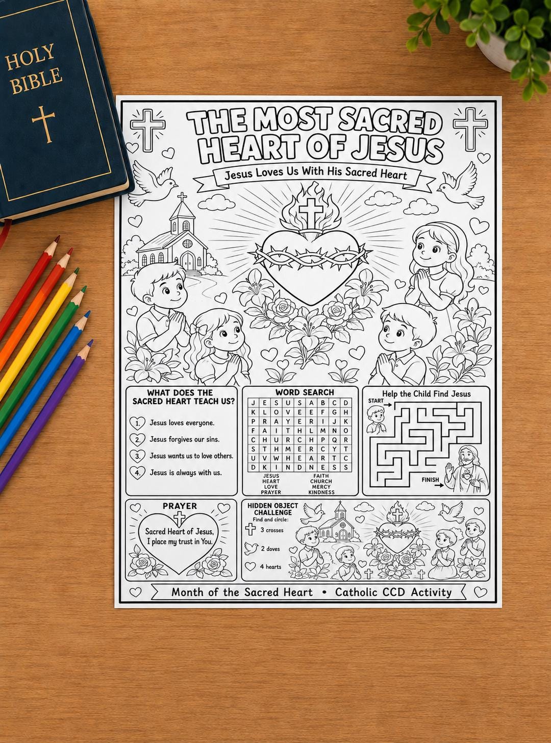 Sacred Heart of Jesus, CCD Catholic Coloring Page Activity for Kids,…