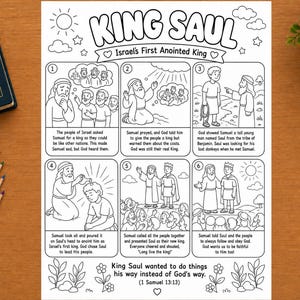Könnte beinhalten: Eine schwarz-weiße, ausdruckbare Malvorlage mit dem Titel King Saul Israel's First Anointed King. Das Blatt enthält sechs nummerierte Felder, die die biblische Geschichte mit Strichzeichnungen und beschreibenden Texten für jede Szene darstellen.