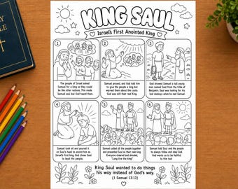 May include: A black and white printable coloring page titled King Saul Israel's First Anointed King. The sheet features six numbered panels illustrating the biblical story with line art drawings and descriptive text captions for each scene.