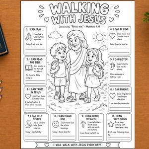 Walking With Jesus Worksheet for Kids, Matthew 4:19 Coloring Page, Sunday School Bible Activity, Christian Homeschool Reflection Printable