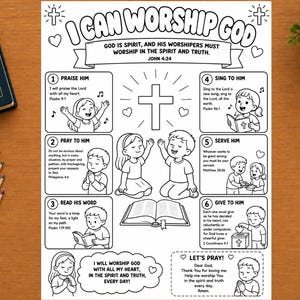 May include: A black and white printable colouring page titled I CAN WORSHIP GOD featuring six numbered sections with illustrations of children engaging in religious activities, Bible verses, and a central cross, surrounded by coloured pencils and a Bible.