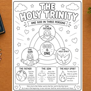以下が含まれることがあります： The Holy Trinityと題された白黒の塗り絵ページ。The Father、The Son、The Holy Spiritとラベル付けされた円を持つ中央の図と、星やハート、説明文のボックス、そして下部には祈りの言葉が描かれています。