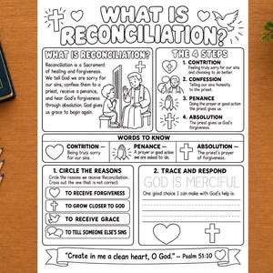 May include: A black and white educational worksheet titled What Is Reconciliation? featuring sections on the four steps of the sacrament, vocabulary words, and interactive activities like tracing text and circling reasons, all presented in a clear, line-art style.