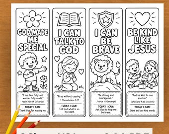 May include: A printable coloring page featuring four vertical bookmarks with black and white line art illustrations of children, a lion, and religious text including God Made Me Special, I Can Talk To God, I Can Be Brave, and Be Kind Like Jesus.
