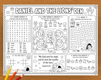May include: A black and white activity sheet titled Daniel and the Lions' Den featuring a word search, a find the objects game, a maze, tic-tac-toe, a matching game, and the Bible verse Daniel 6:22, with four colored pencils in the foreground.