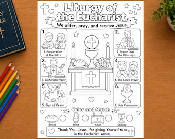 May include: A black and white coloring page titled Liturgy of the Eucharist, featuring six numbered illustrations of religious steps, a central altar with a chalice and bread, and a matching activity at the bottom with the text Thank You, Jesus.