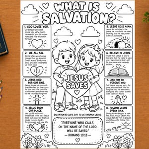 Könnte beinhalten: Eine schwarz-weiße Malvorlage mit dem Titel What Is Salvation? zeigt einen Jungen und ein Mädchen, die ein Herz mit der Aufschrift Jesus Saves halten. Die Seite enthält acht nummerierte Abschnitte mit Text und Illustrationen zum Glauben.