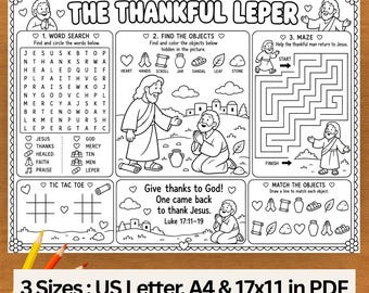May include: A black and white printable activity sheet titled The Thankful Leper featuring a word search, a find the objects game, a maze, tic tac toe, and a matching game with illustrations of Jesus and a man, available in US Letter and 17x11 inch sizes.