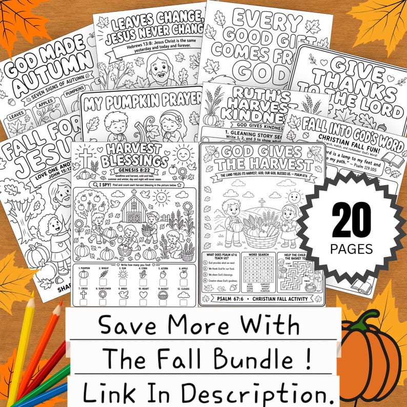 Puede incluir: Una colecci&oacute;n de 20 p&aacute;ginas para colorear imprimibles en blanco y negro con actividades cristianas de tem&aacute;tica oto&ntilde;al, que incluyen escenas de cosecha, calabazas, hojas y textos religiosos como God Made Autumn y Harvest Blessings con acertijos.
