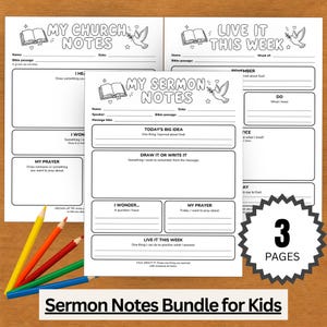 以下が含まれることがあります： 子供向けの印刷可能な説教ノート3ページセット。My Church Notes、Live It This Week、My Sermon Notesなどの見出しが付いた白黒のアクティビティシートと、黄色、オレンジ、赤、青の4色の色鉛筆が含まれています。