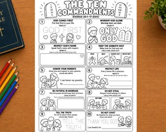 May include: A black and white printable activity sheet titled The Ten Commandments Exodus 20:1-17 ESV, featuring ten numbered sections with illustrations and text prompts for children to color, trace, and write about biblical principles.