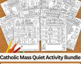 May include: A collection of ten black and white Catholic Mass activity and coloring pages for children, featuring illustrations of church elements, prayers, and sacraments, accompanied by three colored pencils in yellow, orange, and red.