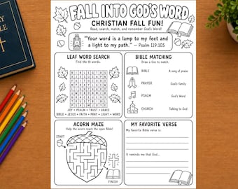 May include: A black and white printable activity sheet titled Fall Into God's Word Christian Fall Fun, featuring a leaf word search, Bible matching game, acorn maze, and a favorite verse section with illustrations of leaves, acorns, and Bibles.