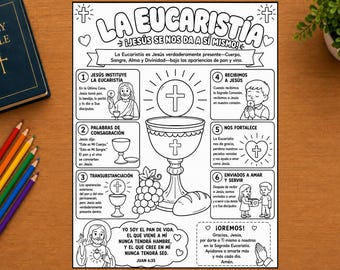 May include: A black and white educational coloring sheet titled La Eucaristía featuring six numbered panels explaining religious concepts with illustrations of a chalice, host, grapes, bread, and figures of Jesus and children, surrounded by text.