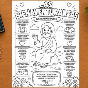 Op de afbeelding: Een zwart-wit kleurplaat met de tekst LAS BIENAVENTURANZAS, een illustratie van een figuur zittend op een rots, en acht genummerde vakken met Spaanse tekst en iconen zoals een kroon, harten, brood en een duif.