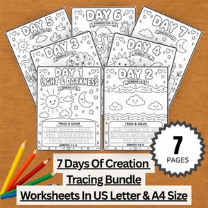 Puede incluir: Un conjunto de siete hojas para colorear en blanco y negro tituladas 7 Days Of Creation Tracing Bundle, que incluyen ilustraciones para cada día de la creación con texto para calcar, acompañadas de lápices de colores y una insignia 7 PAGES.
