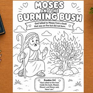Ausmalbild: Moses und der brennende Dornbusch, Arbeitsblatt zu 2. Mose 3,4 für Kinder, katholischer Religionsunterricht, Sonntagsschule und Homeschooling (druckbare Aktivität)