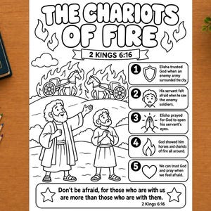 May include: A black and white coloring page titled The Chariots of Fire 2 Kings 6:16, featuring illustrations of two figures, horses, chariots, and flames, alongside a numbered list of five points explaining the biblical story.