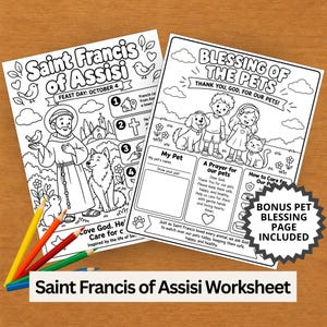 Può includere: Due fogli da colorare stampabili in bianco e nero con il tema di San Francesco d'Assisi e la benedizione degli animali. Le pagine includono illustrazioni al tratto di un santo, animali, bambini e testo, accompagnate da matite colorate.