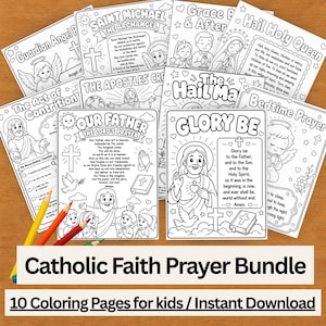Könnte beinhalten: Eine Sammlung von zehn schwarz-weißen Ausmalbildern mit katholischen Gebeten für Kinder, die Illustrationen von Jesus, Engeln und religiösen Texten wie dem Vaterunser zeigen, ergänzt durch drei Buntstifte.