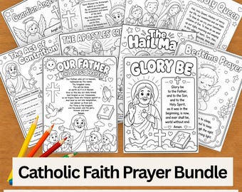 May include: A collection of ten black and white Catholic prayer coloring pages for children, featuring illustrations of Jesus, angels, and religious text including The Lord's Prayer, Hail Mary, and Glory Be, accompanied by three colored pencils.