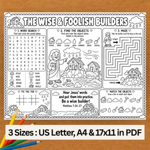 Può includere: Un foglio di attività stampabile in bianco e nero intitolato The Wise & Foolish Builders che include un cruciverba, un gioco di ricerca oggetti, un labirinto, tris e attività di abbinamento con illustrazioni di case e rocce.