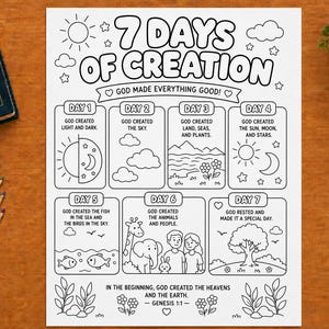Op de afbeelding: Een zwart-wit kleurplaat met de titel 7 Days of Creation, bestaande uit zeven rechthoekige panelen die bijbelse scheppingsverhalen illustreren, inclusief tekstbeschrijvingen voor elke dag, een zon, wolken en bloemmotieven onderaan.
