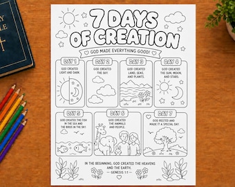 Puede incluir: Una página para colorear en blanco y negro titulada 7 Days of Creation que presenta siete paneles rectangulares que ilustran eventos de la creación bíblica, con descripciones de texto para cada día, un sol, nubes y detalles florales.