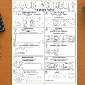 Op de afbeelding: Een zwart-wit printbaar activiteitenblad getiteld Our Father The Lord's Prayer, met tien genummerde secties met illustraties, tekst om over te trekken en opdrachten om te tekenen, kleuren of schrijven, naast een bijbel en kleurpotloden.