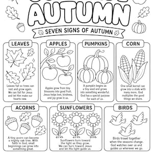 Puede incluir: Una p&aacute;gina para colorear en blanco y negro titulada GOD MADE AUTUMN, que presenta siete secciones: hojas, manzanas, calabazas, ma&iacute;z, bellotas, girasoles y p&aacute;jaros. Cada secci&oacute;n incluye un dibujo lineal y texto, con el vers&iacute;culo ECCLESIASTES 3:11 al pie.