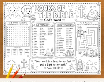May include: A black and white printable activity sheet titled Books of the Bible featuring a word search, a maze, lists of Old and New Testament books, and the text Your word is a lamp to my feet and a light to my path. Psalm 119:105.
