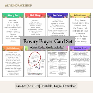 May include: A set of eight rectangular prayer cards featuring the Glory Be, Hail Mary, Our Father, Fatima Prayer, Hail Holy Queen, and Apostles' Creed, plus a rosary guide and mysteries list. The cards include text and floral accents.