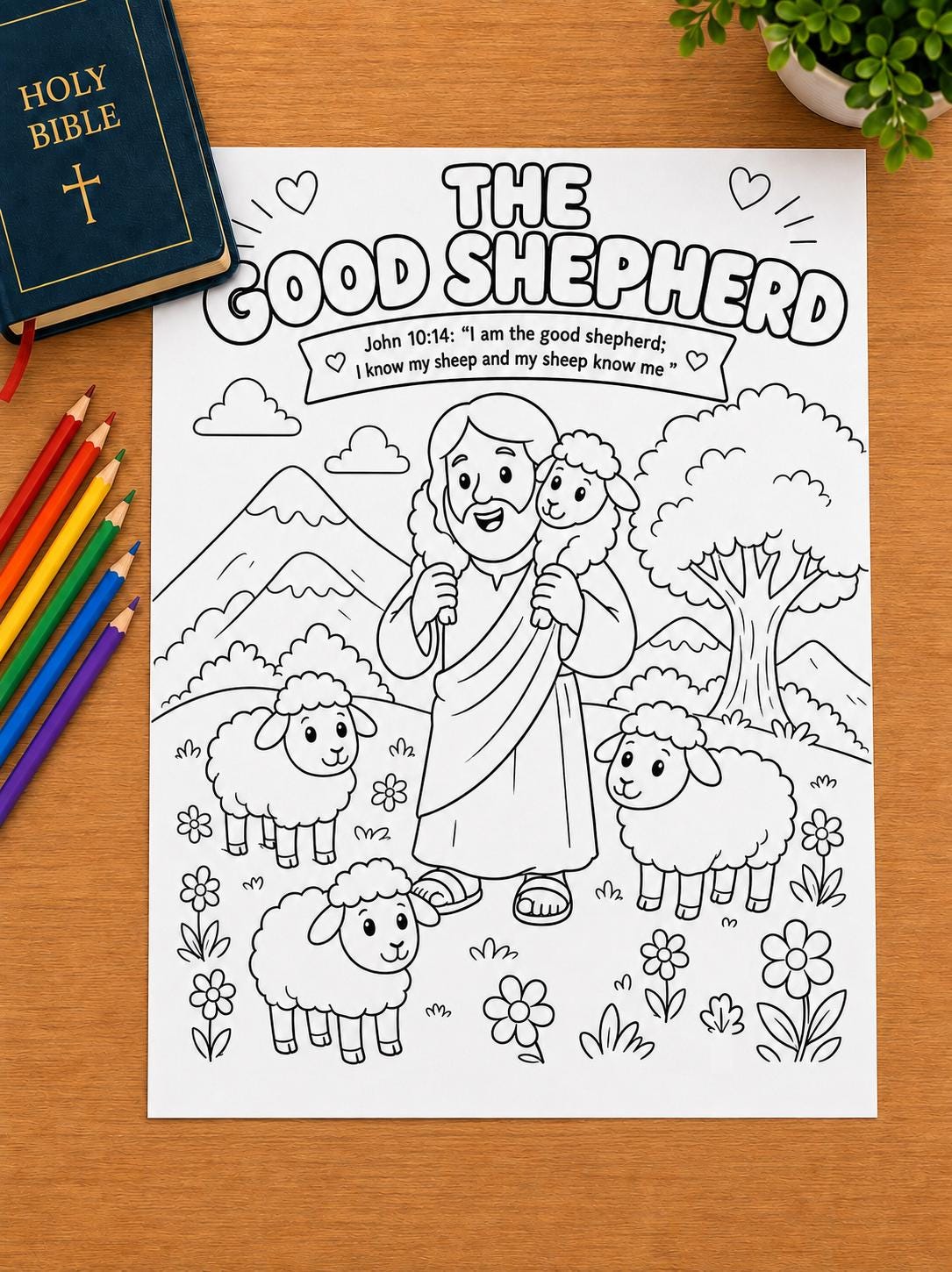 Good Shepherd Coloring Page, Jesus with Sheep Bible Printable for…