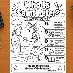 Könnte beinhalten: Eine schwarz-weiße Malvorlage mit dem Titel Who Is Saint Peter? mit Illustrationen von Jesus und Petrus, die auf dem Wasser gehen, gekreuzten Schlüsseln und fünf nummerierten Abschnitten mit biblischen Texten.