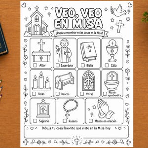 Veo, Veo en Misa para Niños, Actividad Católica Imprimible en Español, Hoja de Catequesis CCD, Primera Comunión y Clase de Religión Infantil