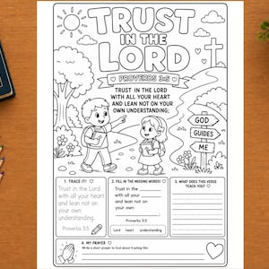 May include: A black and white printable coloring page featuring the text Trust in the Lord Proverbs 3:5, illustrations of two children, a path, a signpost reading God Guides Me, and educational activities including tracing, fill-in-the-blanks, and prayer.