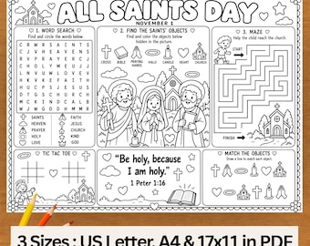All Saints Day Activity Placemat Printable, Catholic Kids Coloring Worksheet, Word Search & Maze Game, Sunday School Religious Education PDF