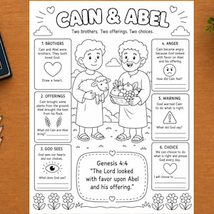 May include: A black and white printable activity sheet titled Cain & Abel featuring illustrations of two brothers, a lamb, and a basket of fruit. The page includes six numbered sections with text prompts, questions, and a Bible verse from Genesis 4:4.