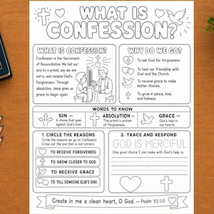 May include: A black and white educational worksheet titled What Is Confession? featuring sections on the sacrament, vocabulary, and interactive activities like circling reasons and tracing text, surrounded by colored pencils and a Bible.
