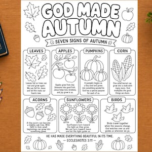 Puede incluir: Una p&aacute;gina para colorear en blanco y negro titulada GOD MADE AUTUMN con el subt&iacute;tulo SEVEN SIGNS OF AUTUMN. Incluye ilustraciones de hojas, manzanas, calabazas, ma&iacute;z, bellotas, girasoles y p&aacute;jaros, cada una con texto y vers&iacute;culos b&iacute;blicos.