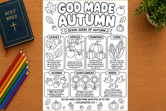 God Made Autumn Coloring Page for Kids: Seven Signs of Fall Christian Bible Printable, Ecclesiastes 3 11 Sunday School Activity Worksheet