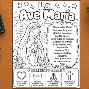 Ave María para Colorear en Español, Oración Católica para Niños, Hoja Imprimible para Catequesis, CCD, Escuela Dominical y Clase de Religión